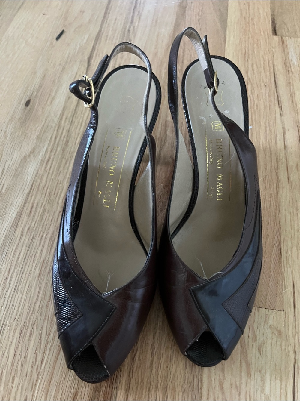 Bruno Magli Brown Leather Slingback Peep-Toe Heels with Gold Buckle